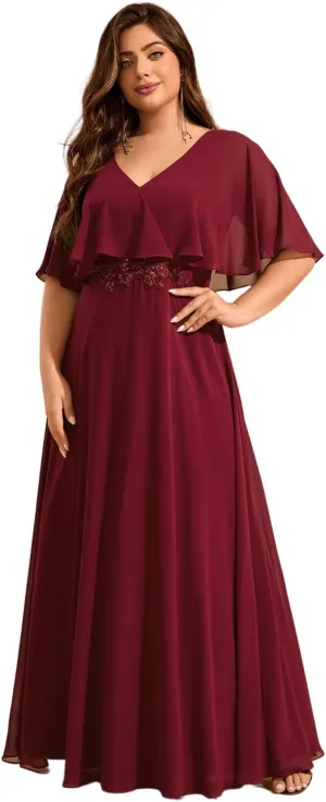 Ever-Pretty Plus Women's Ball Gown V-Neck A Line Chiffon Applique Shawl Short Sleeves Maxi Plus Size Formal Dresses 02289-DA