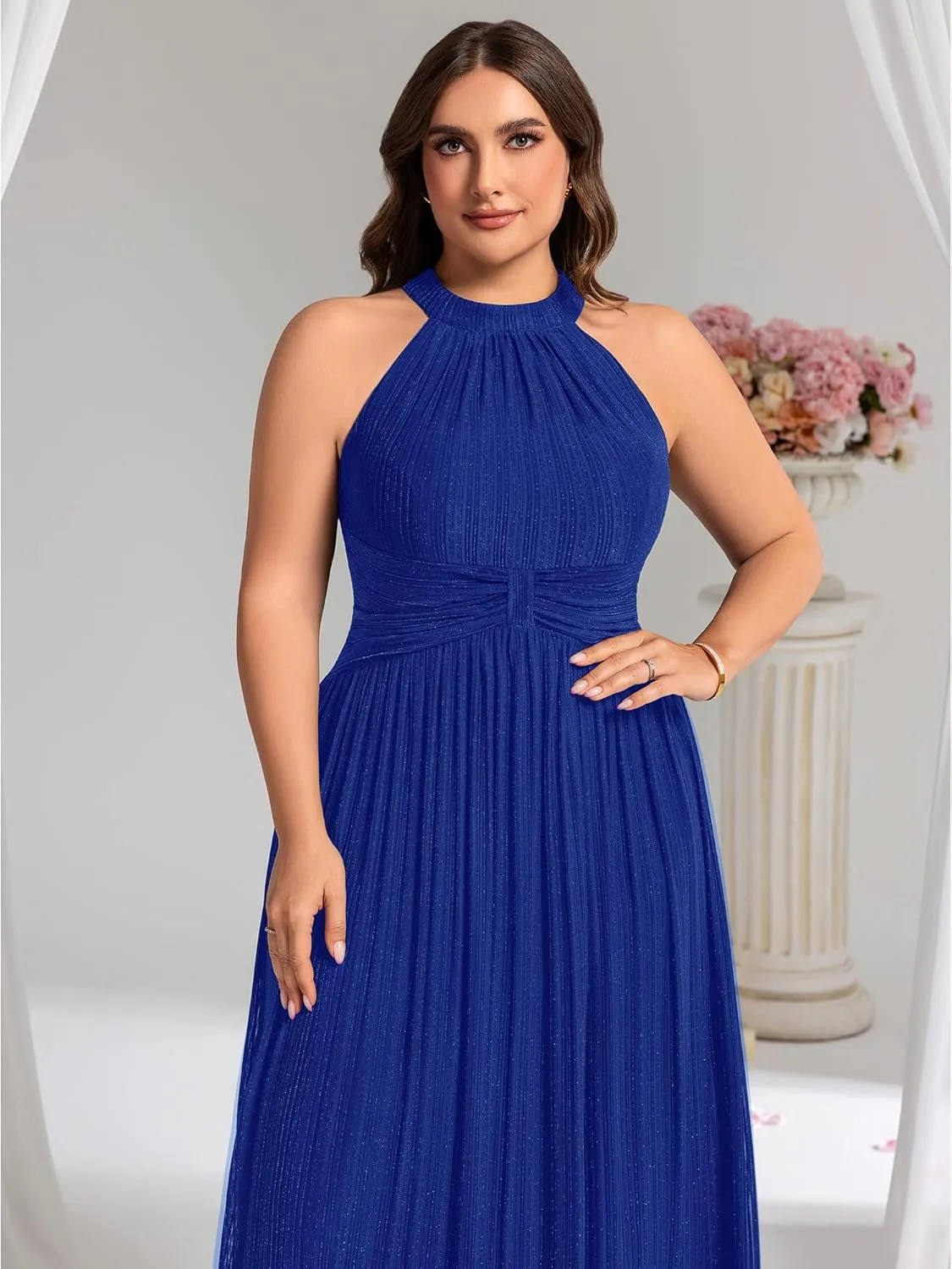 Ever-Pretty Plus Women's Floor Length A-Line Summer Halter Sleeveless Glitter Plus Size Formal Dress Evening Gown