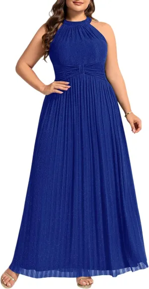 Ever-Pretty Plus Women's Floor Length A-Line Summer Halter Sleeveless Glitter Plus Size Formal Dress Evening Gown