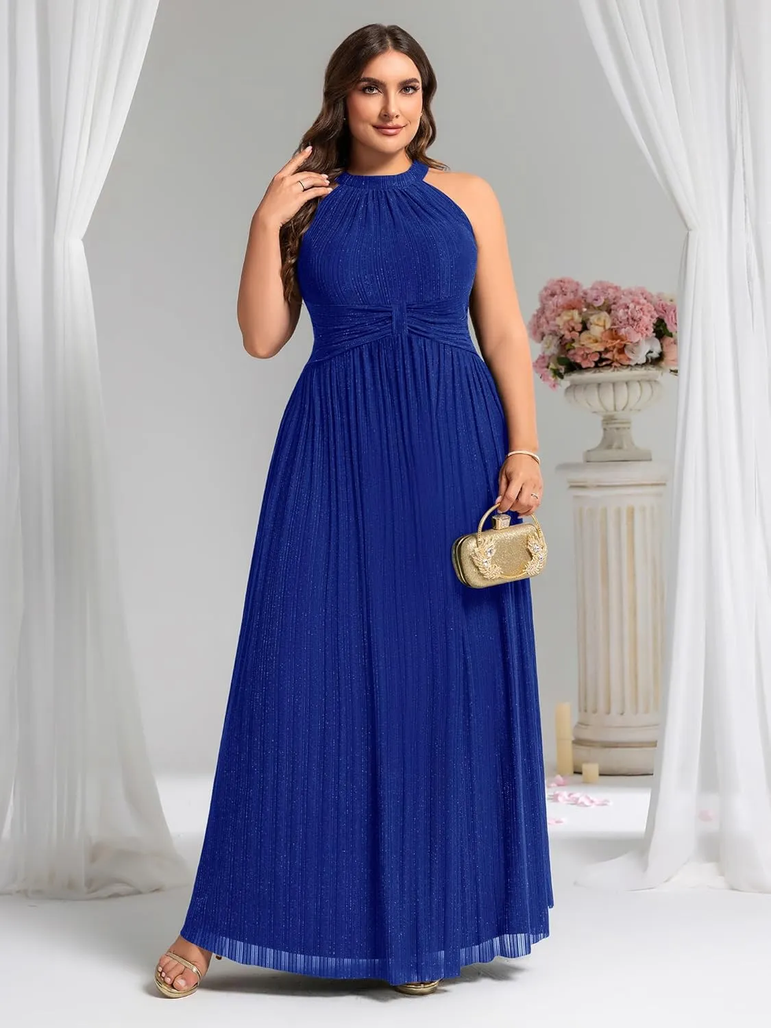 Ever-Pretty Plus Women's Floor Length A-Line Summer Halter Sleeveless Glitter Plus Size Formal Dress Evening Gown