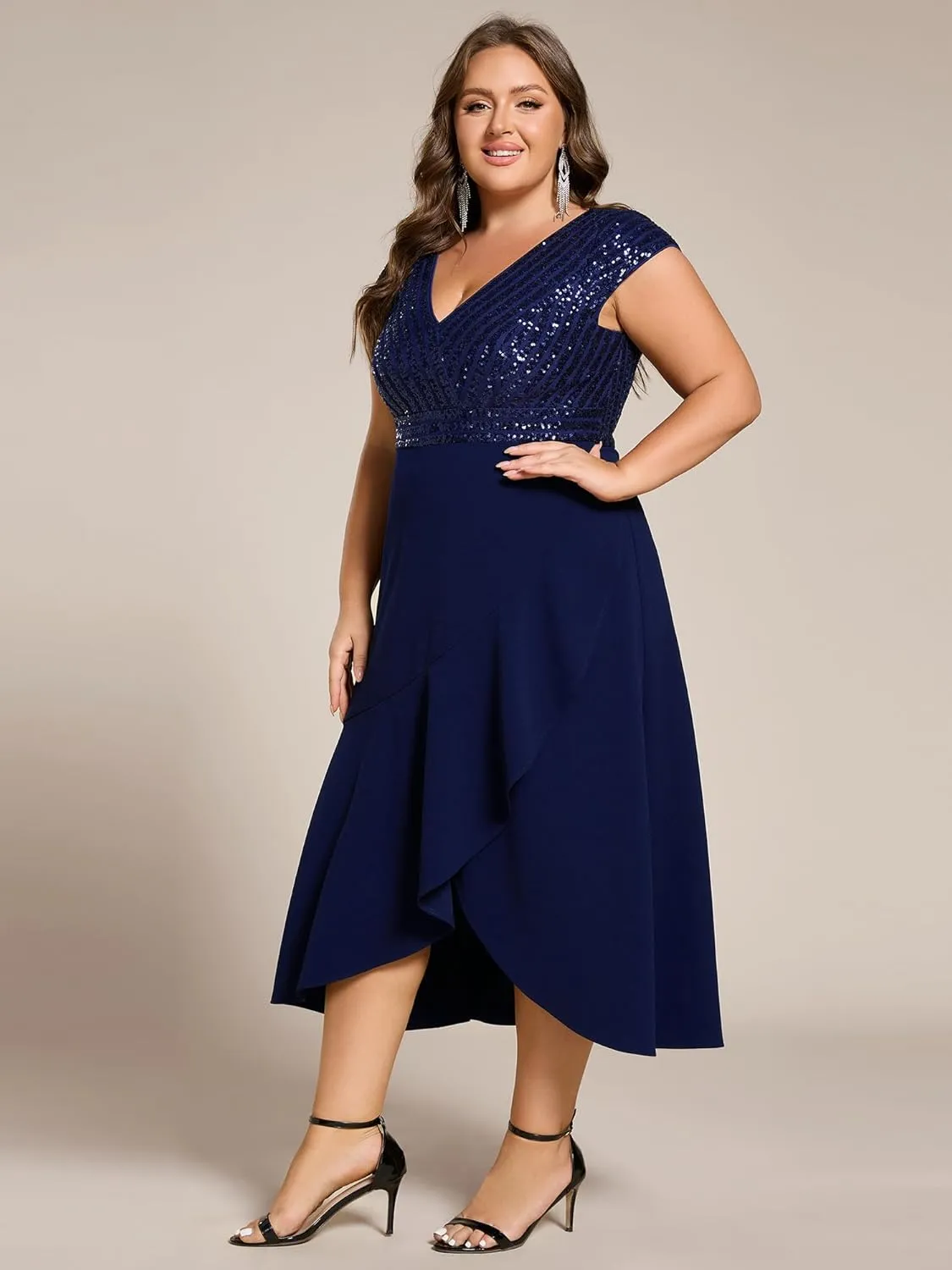 Ever-Pretty Plus Women's Summer V Neck A Line Sequin Cap Sleeves Tea Length Plus Size Formal Wedding Guest Dresses