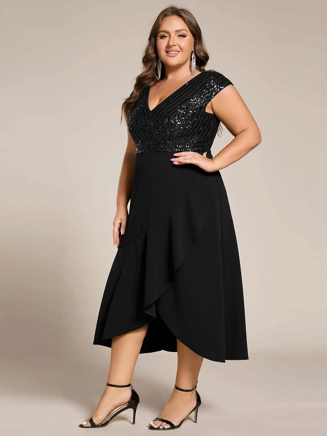 Ever-Pretty Plus Women's Summer V Neck A Line Sequin Cap Sleeves Tea Length Plus Size Formal Wedding Guest Dresses