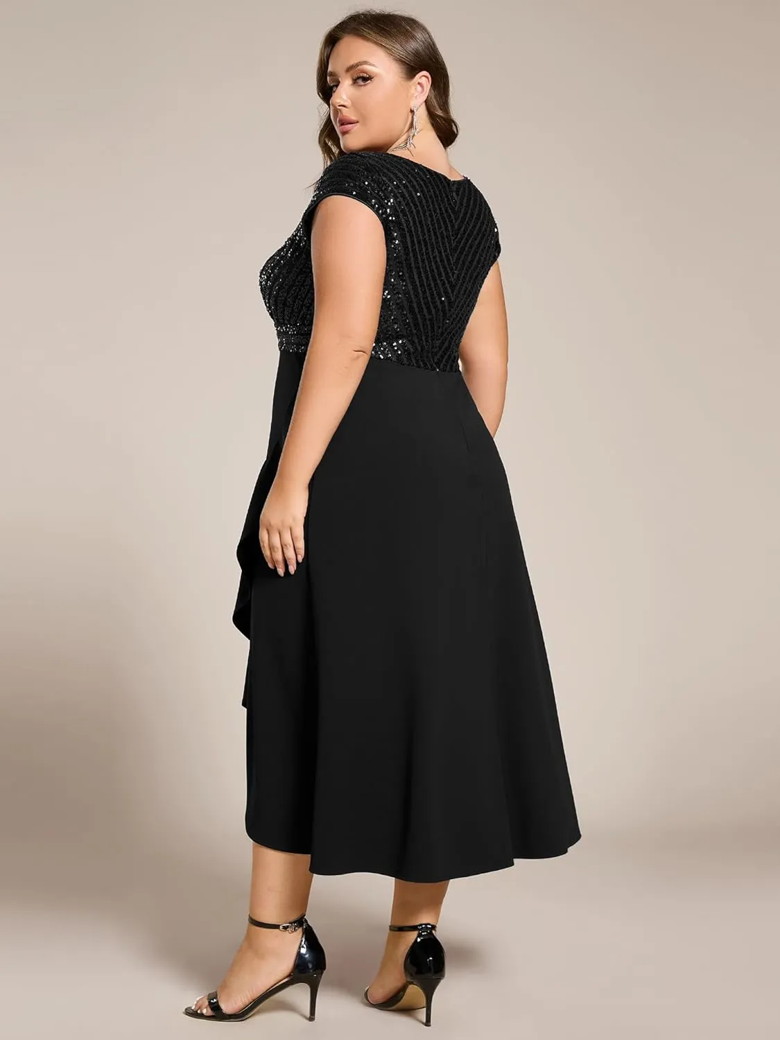 Ever-Pretty Plus Women's Summer V Neck A Line Sequin Cap Sleeves Tea Length Plus Size Formal Wedding Guest Dresses