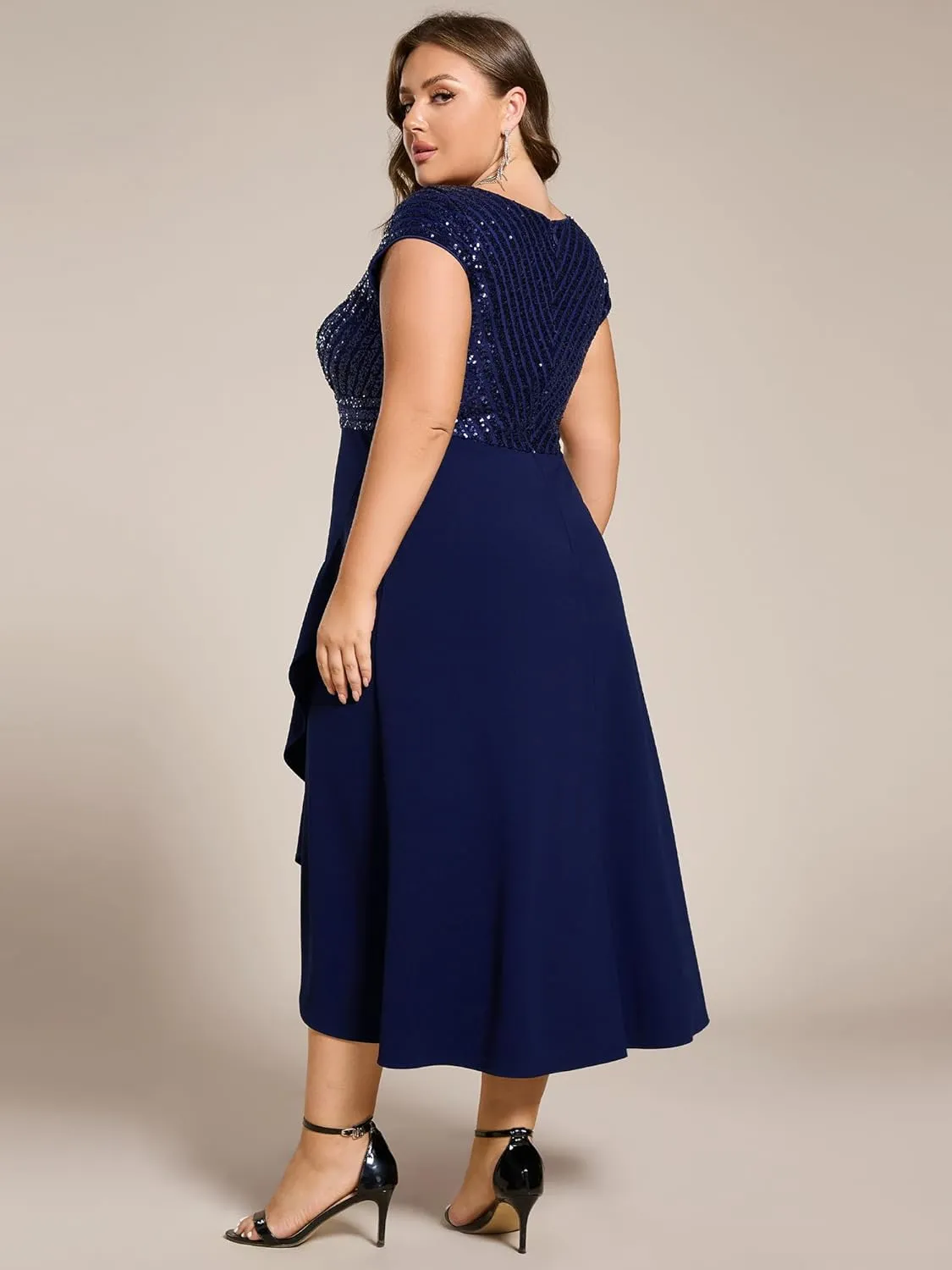 Ever-Pretty Plus Women's Summer V Neck A Line Sequin Cap Sleeves Tea Length Plus Size Formal Wedding Guest Dresses
