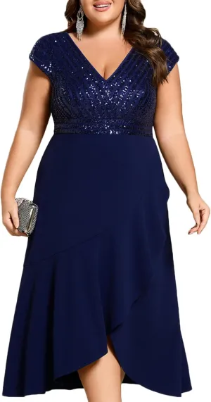 Ever-Pretty Plus Women's Summer V Neck A Line Sequin Cap Sleeves Tea Length Plus Size Formal Wedding Guest Dresses