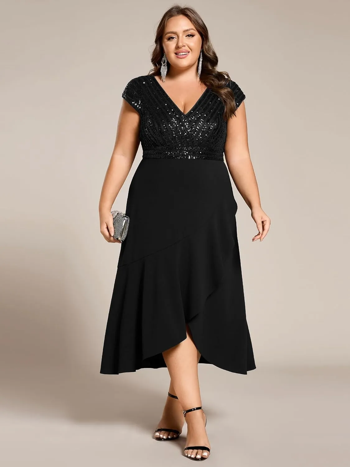 Ever-Pretty Plus Women's Summer V Neck A Line Sequin Cap Sleeves Tea Length Plus Size Formal Wedding Guest Dresses