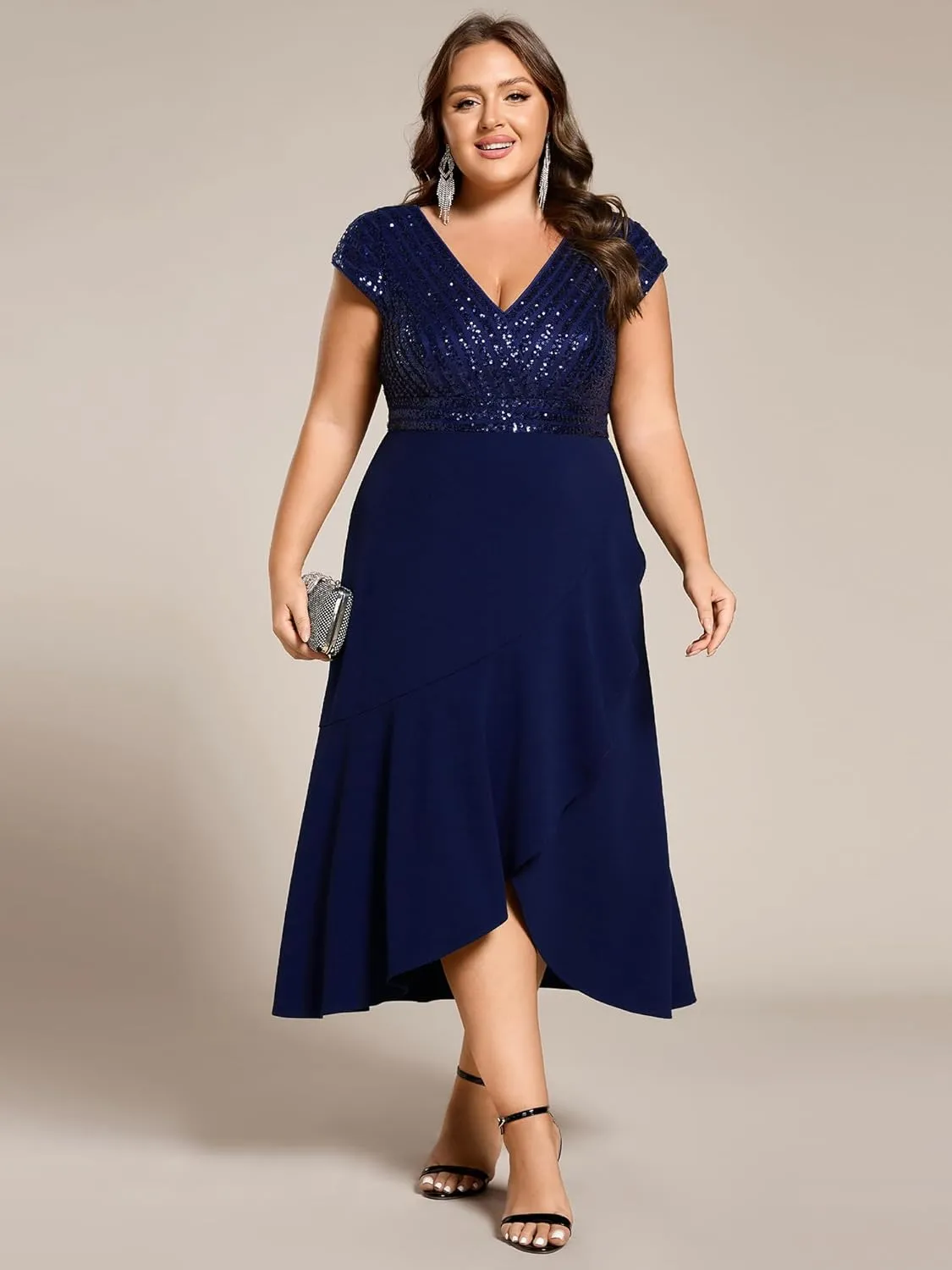 Ever-Pretty Plus Women's Summer V Neck A Line Sequin Cap Sleeves Tea Length Plus Size Formal Wedding Guest Dresses