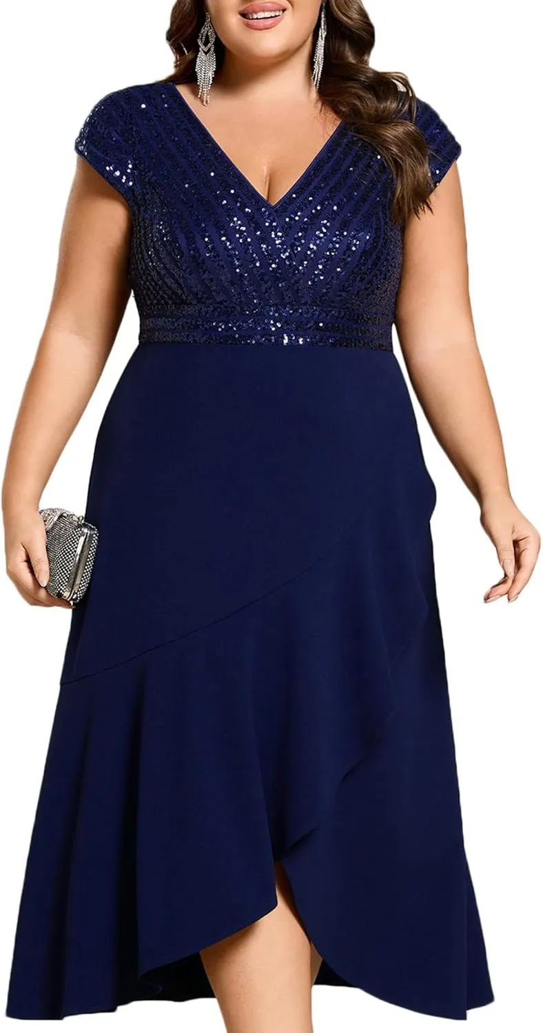 Ever-Pretty Plus Women's Summer V Neck A Line Sequin Cap Sleeves Tea Length Plus Size Formal Wedding Guest Dresses