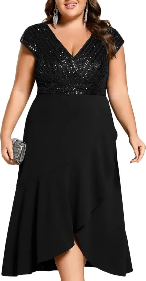 Ever-Pretty Plus Women's Summer V Neck A Line Sequin Cap Sleeves Tea Length Plus Size Formal Wedding Guest Dresses