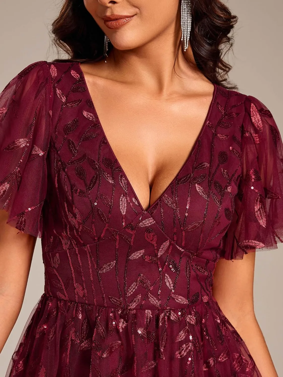 Ever-Pretty Women's Elegant A Line Embroidery Tulle Sequins Short Sleeves Midi Wedding Guest Dress 02230