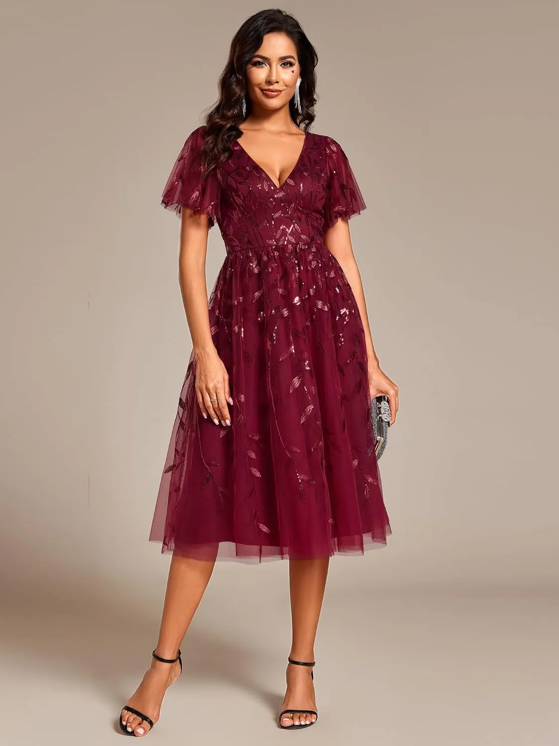 Ever-Pretty Women's Elegant A Line Embroidery Tulle Sequins Short Sleeves Midi Wedding Guest Dress 02230