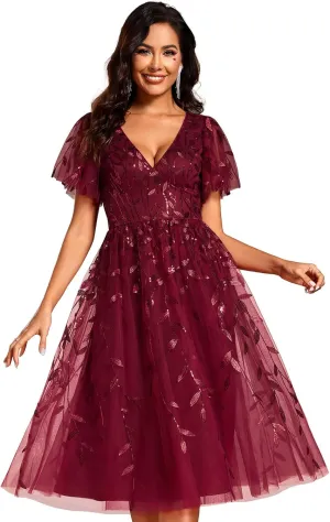 Ever-Pretty Women's Elegant A Line Embroidery Tulle Sequins Short Sleeves Midi Wedding Guest Dress 02230