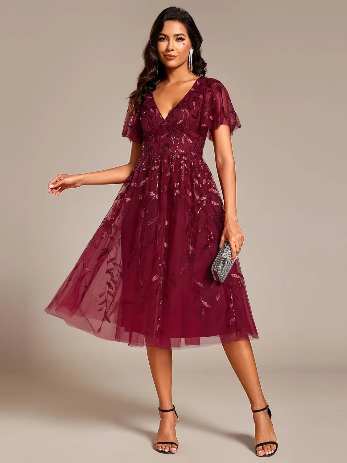 Ever-Pretty Women's Elegant A Line Embroidery Tulle Sequins Short Sleeves Midi Wedding Guest Dress 02230