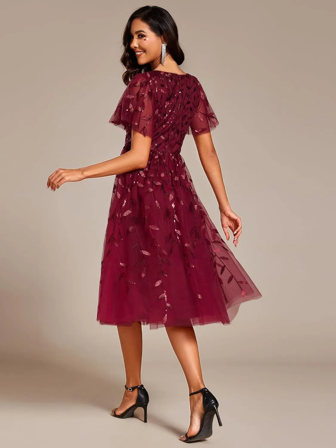 Ever-Pretty Women's Elegant A Line Embroidery Tulle Sequins Short Sleeves Midi Wedding Guest Dress 02230