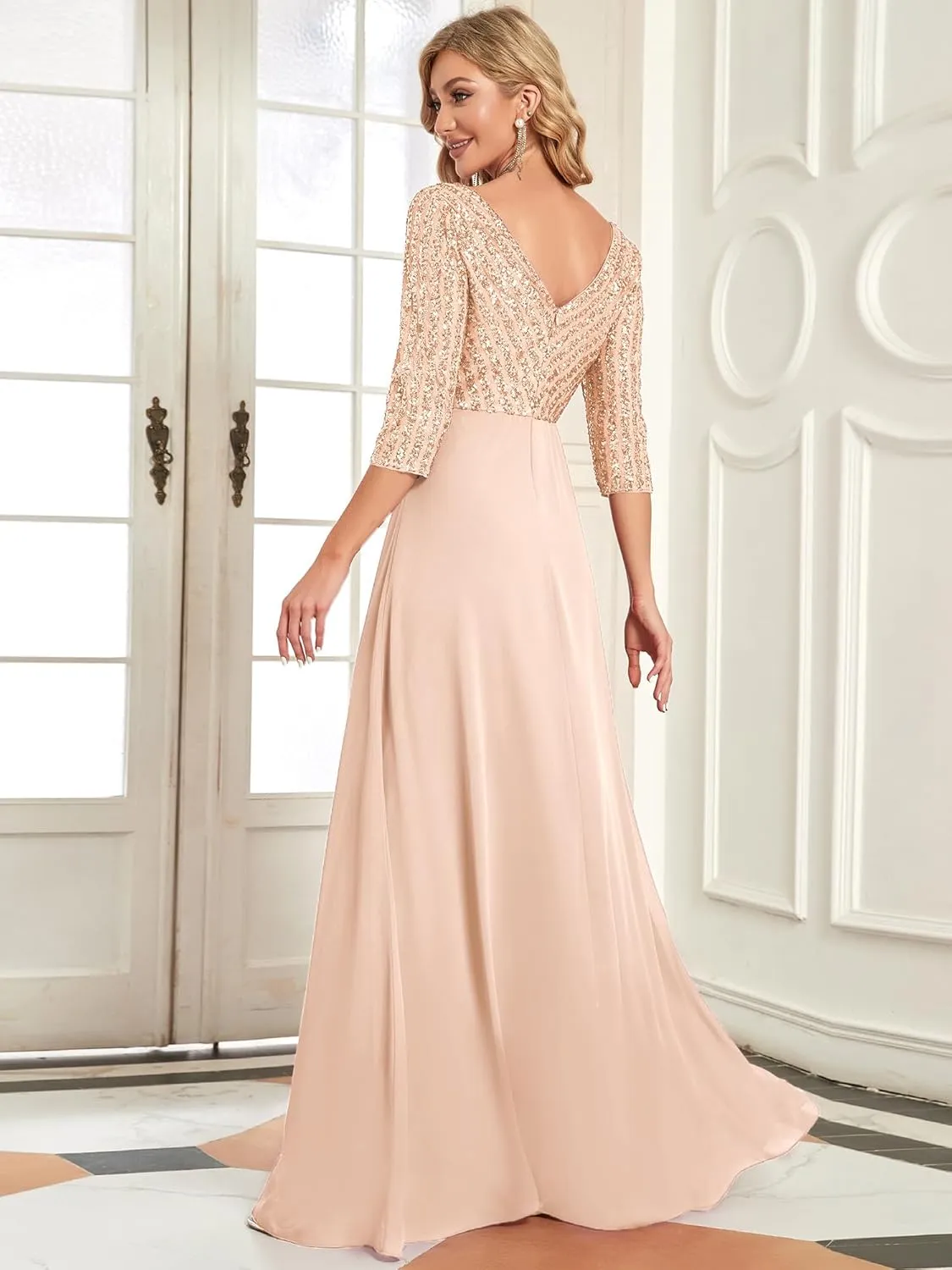 Ever-Pretty Women's Elegant Formal Dress V-Neck Long Sleeve Sequin Maxi Chiffon Evening Dresses 00751