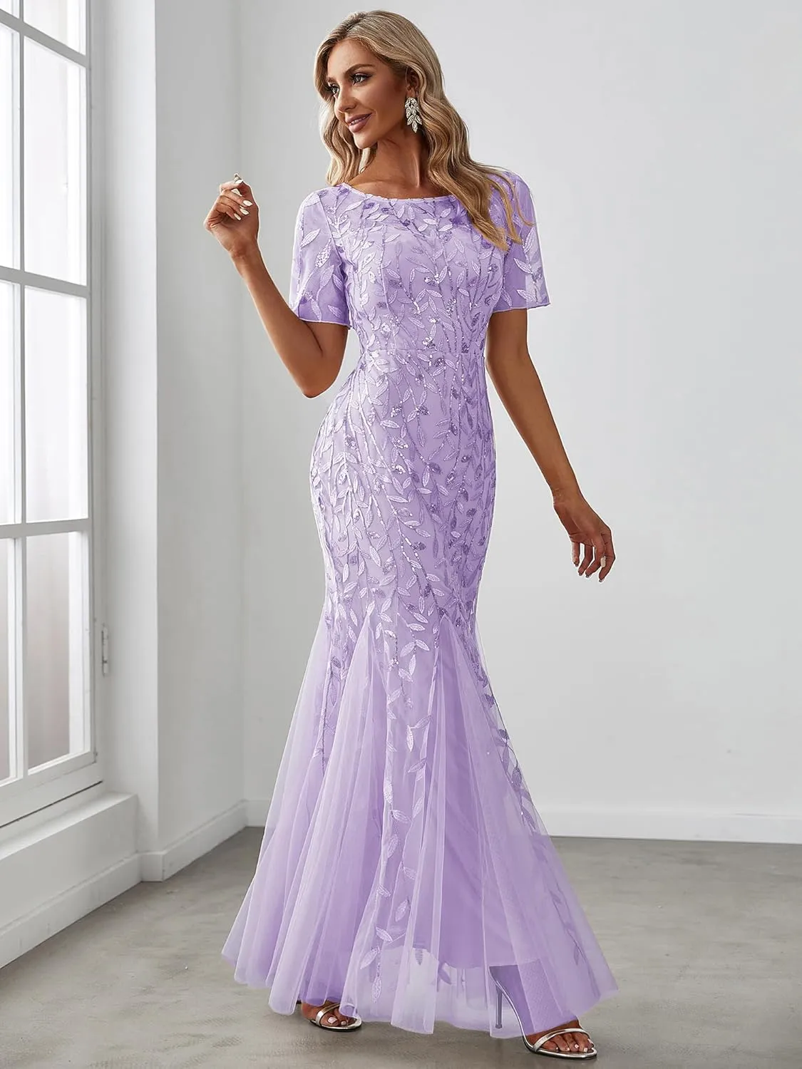 Ever-Pretty Women's Elegant Illusion Short Sleeve Crew Neck Sequin Embroidery Mermaid Evening Dresses 07707