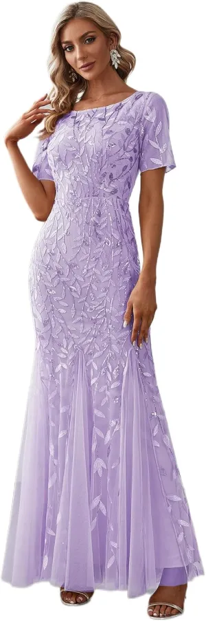Ever-Pretty Women's Elegant Illusion Short Sleeve Crew Neck Sequin Embroidery Mermaid Evening Dresses 07707