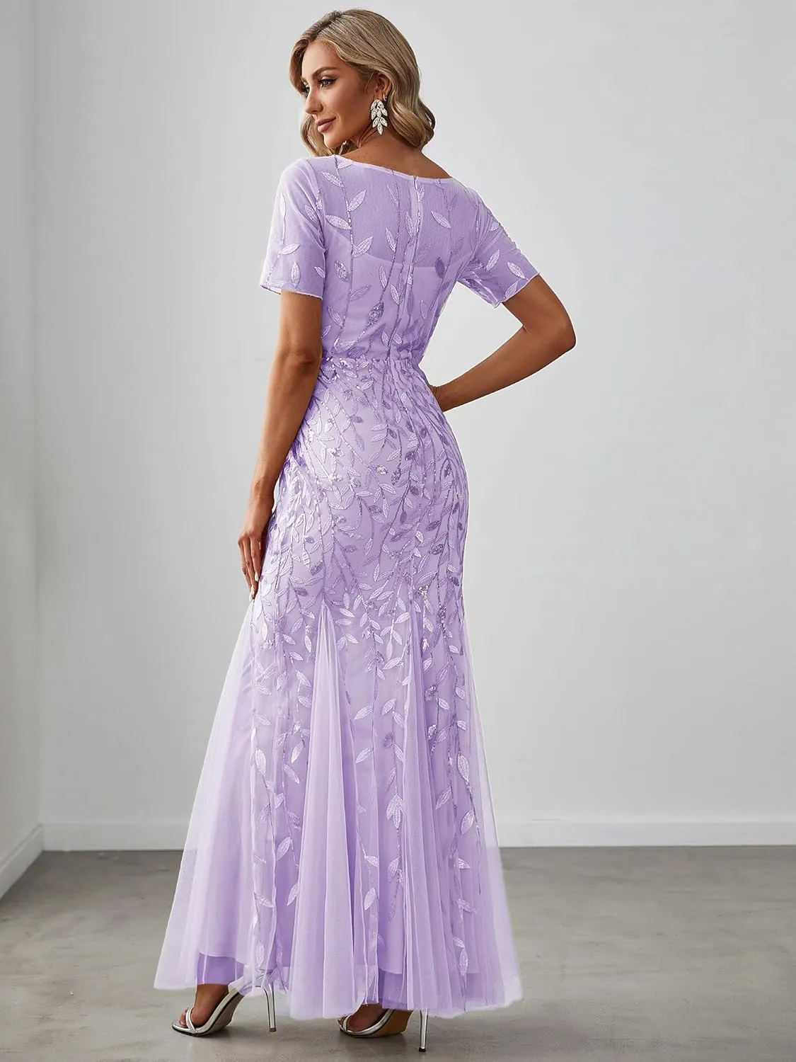 Ever-Pretty Women's Elegant Illusion Short Sleeve Crew Neck Sequin Embroidery Mermaid Evening Dresses 07707