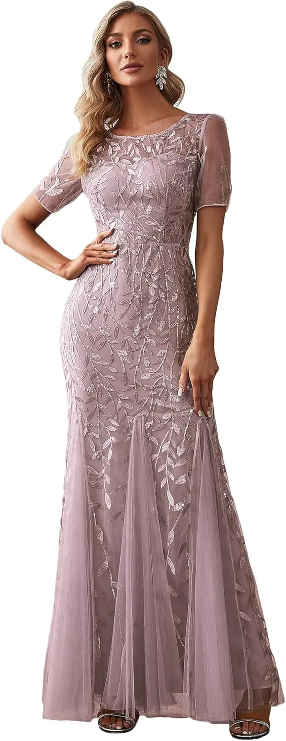 Ever-Pretty Women's Elegant Illusion Short Sleeve Crew Neck Sequin Embroidery Mermaid Evening Dresses 07707