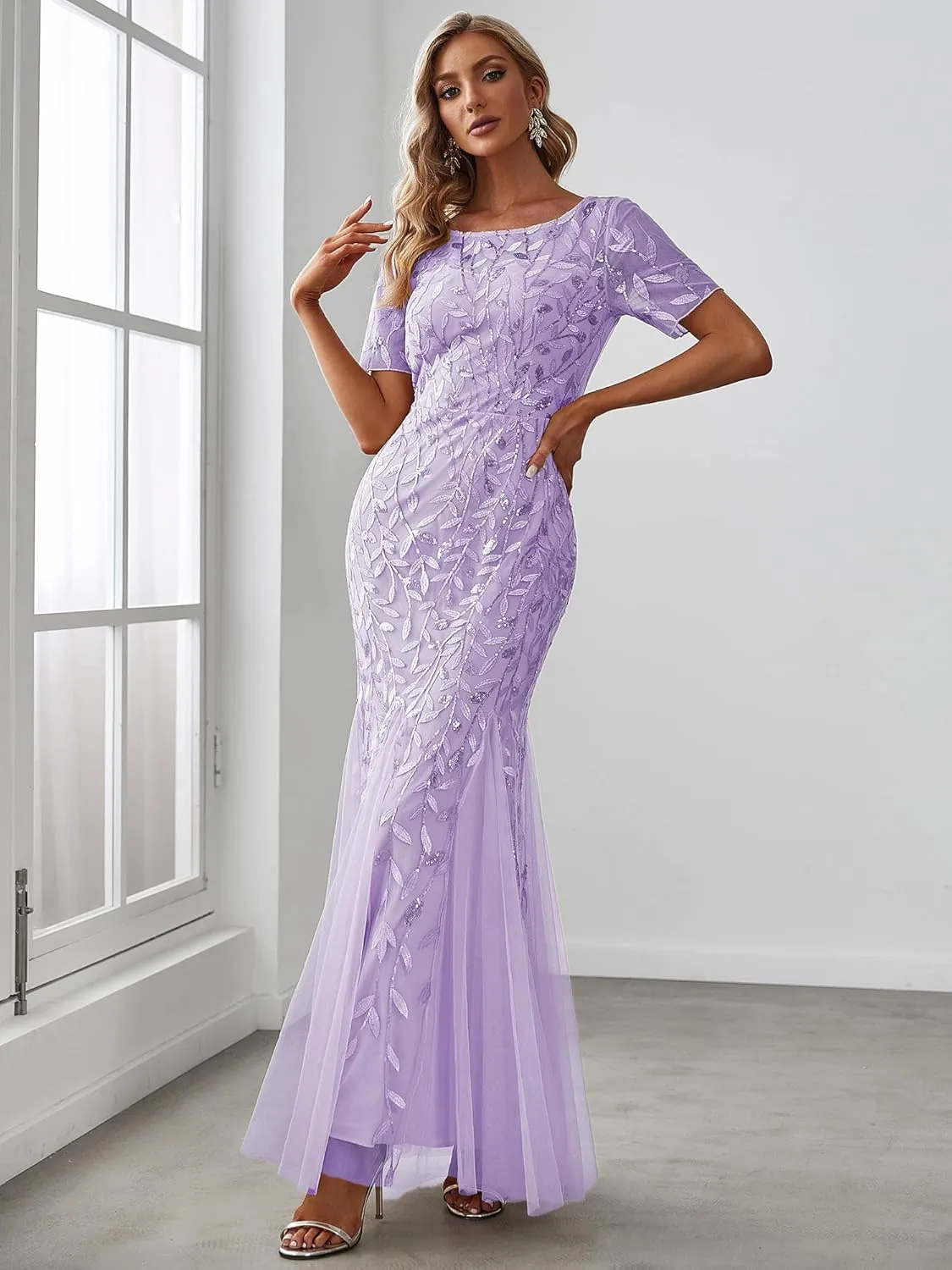 Ever-Pretty Women's Elegant Illusion Short Sleeve Crew Neck Sequin Embroidery Mermaid Evening Dresses 07707