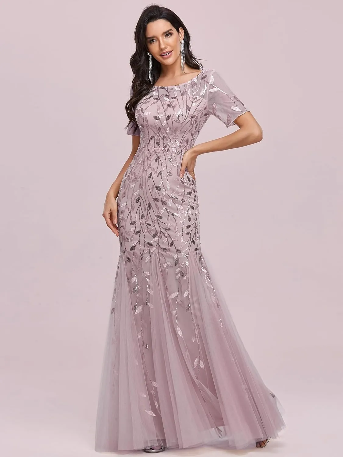 Ever-Pretty Women's Elegant Illusion Short Sleeve Crew Neck Sequin Embroidery Mermaid Evening Dresses 07707