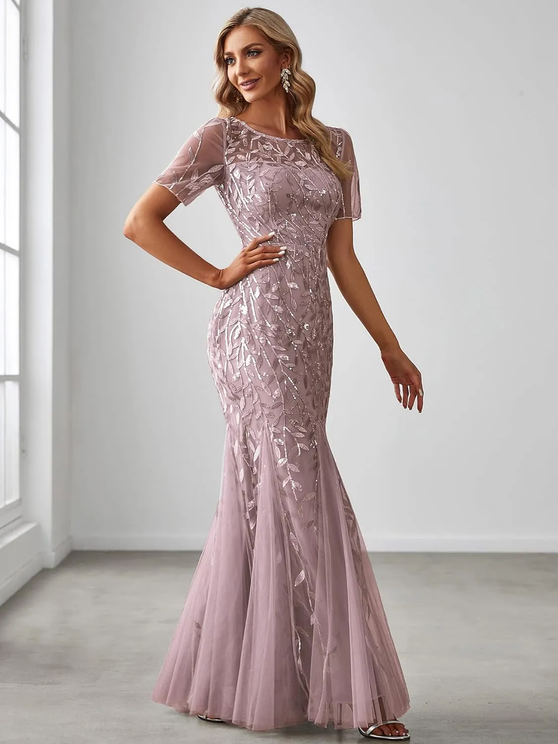 Ever-Pretty Women's Elegant Illusion Short Sleeve Crew Neck Sequin Embroidery Mermaid Evening Dresses 07707