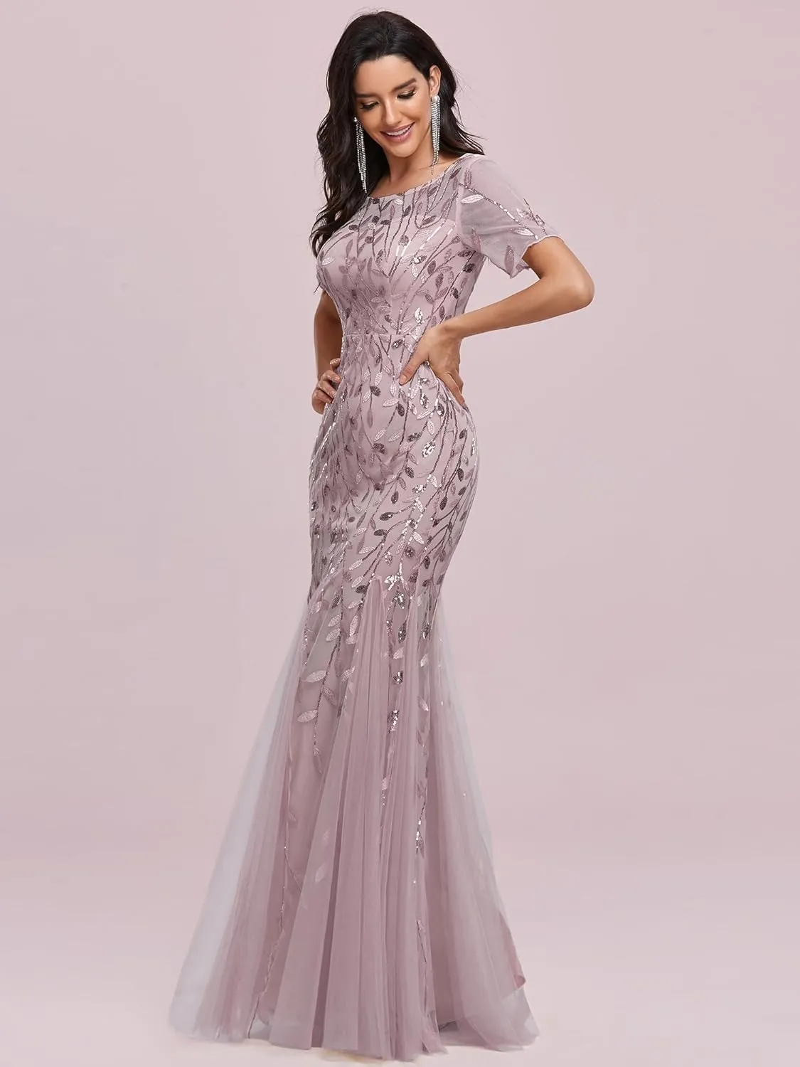 Ever-Pretty Women's Elegant Illusion Short Sleeve Crew Neck Sequin Embroidery Mermaid Evening Dresses 07707