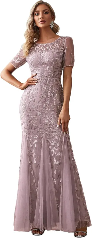 Ever-Pretty Women's Elegant Illusion Short Sleeve Crew Neck Sequin Embroidery Mermaid Evening Dresses 07707