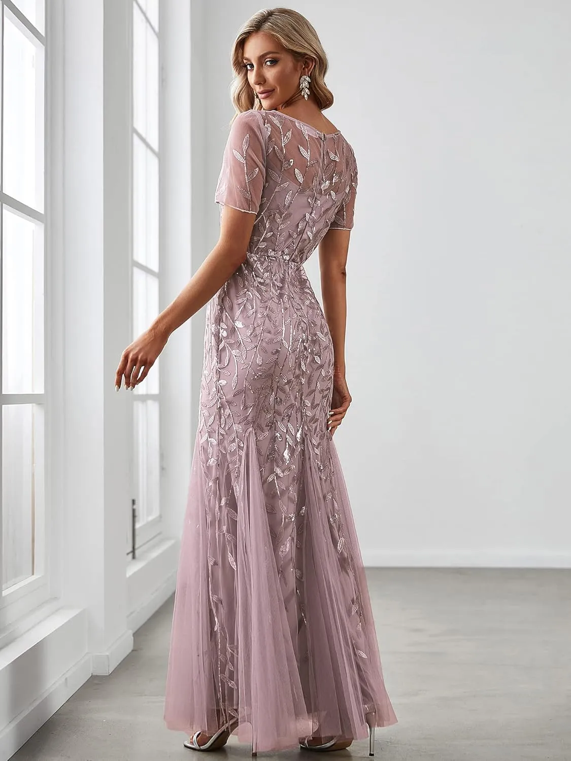 Ever-Pretty Women's Elegant Illusion Short Sleeve Crew Neck Sequin Embroidery Mermaid Evening Dresses 07707