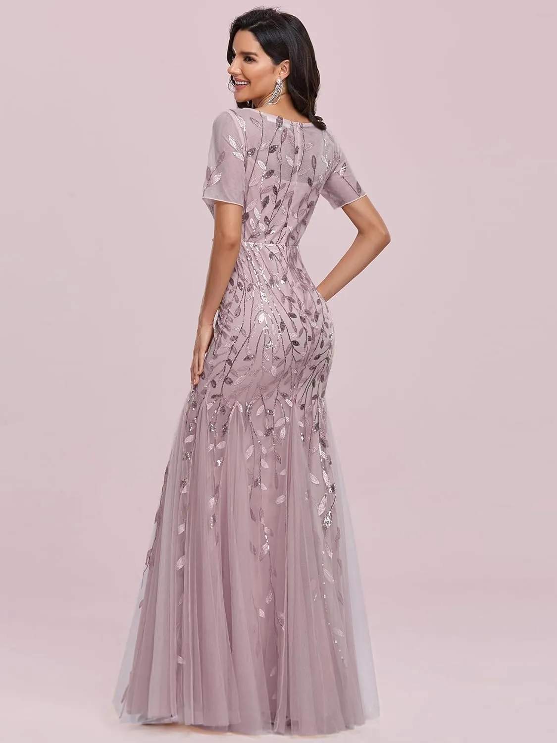 Ever-Pretty Women's Elegant Illusion Short Sleeve Crew Neck Sequin Embroidery Mermaid Evening Dresses 07707