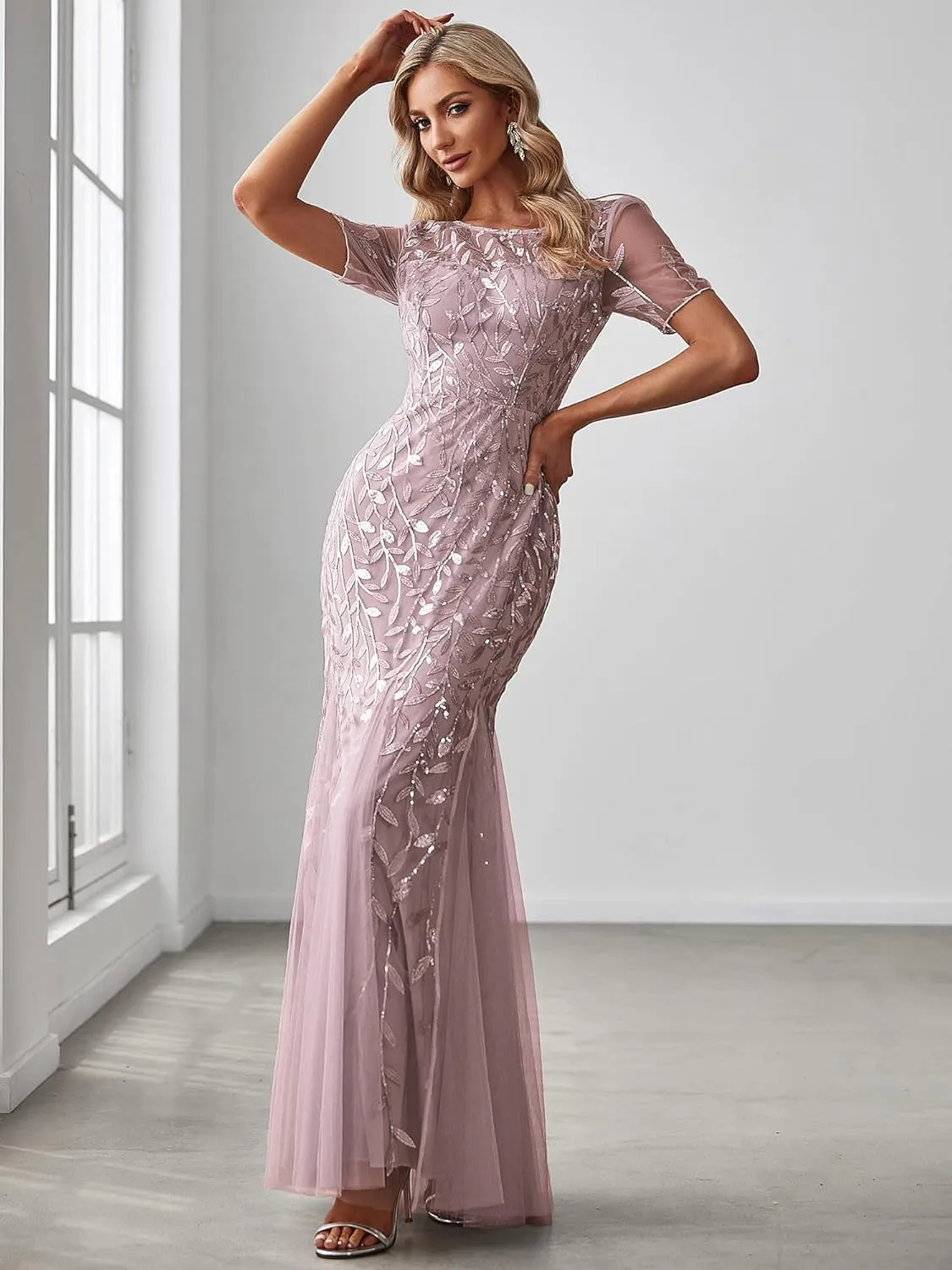 Ever-Pretty Women's Elegant Illusion Short Sleeve Crew Neck Sequin Embroidery Mermaid Evening Dresses 07707