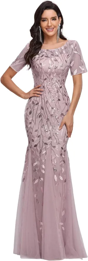 Ever-Pretty Women's Elegant Illusion Short Sleeve Crew Neck Sequin Embroidery Mermaid Evening Dresses 07707