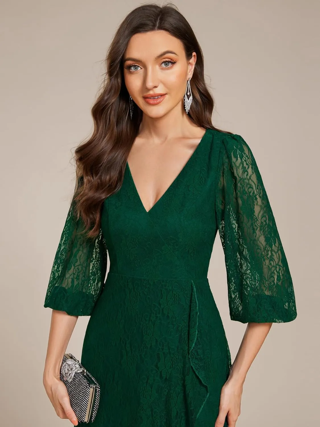 Ever-Pretty Women's Elegant V Neck Lace Long Sleeves A Line Ruffles Hem Midi Length Wedding Guest Dress 02238