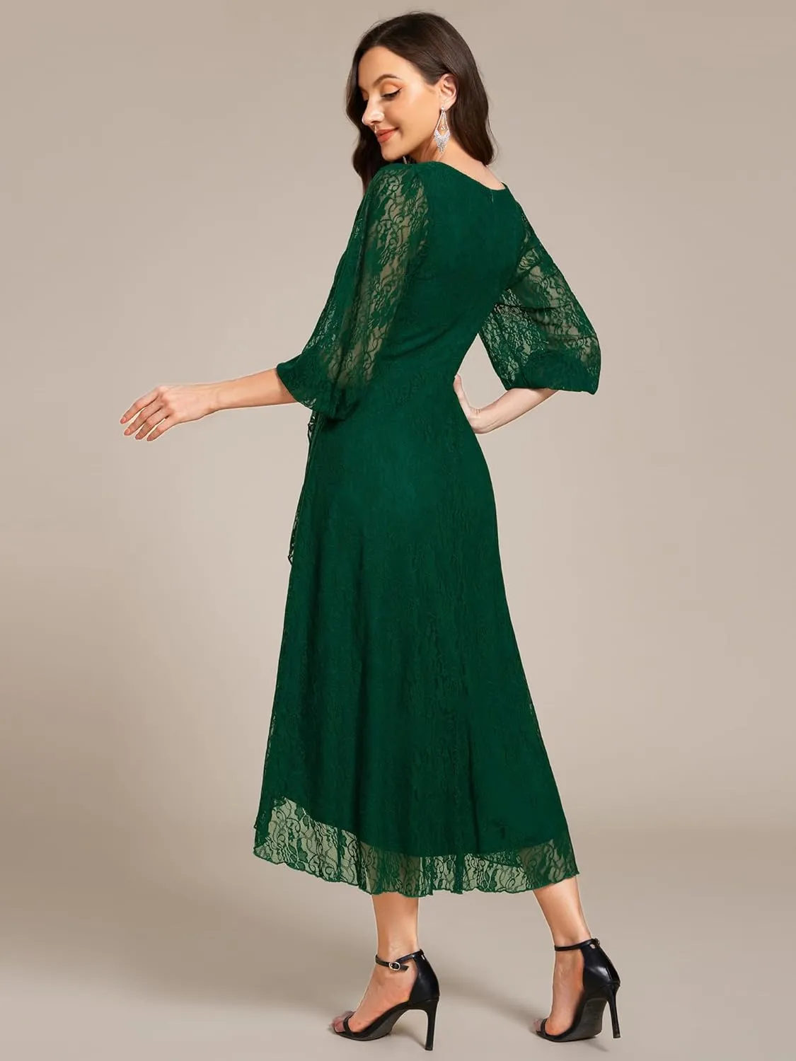 Ever-Pretty Women's Elegant V Neck Lace Long Sleeves A Line Ruffles Hem Midi Length Wedding Guest Dress 02238