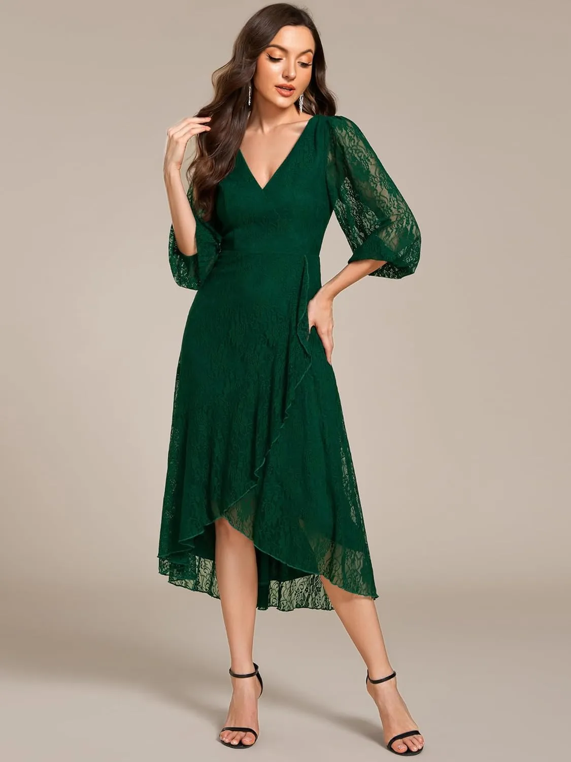 Ever-Pretty Women's Elegant V Neck Lace Long Sleeves A Line Ruffles Hem Midi Length Wedding Guest Dress 02238