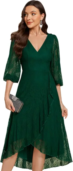 Ever-Pretty Women's Elegant V Neck Lace Long Sleeves A Line Ruffles Hem Midi Length Wedding Guest Dress 02238