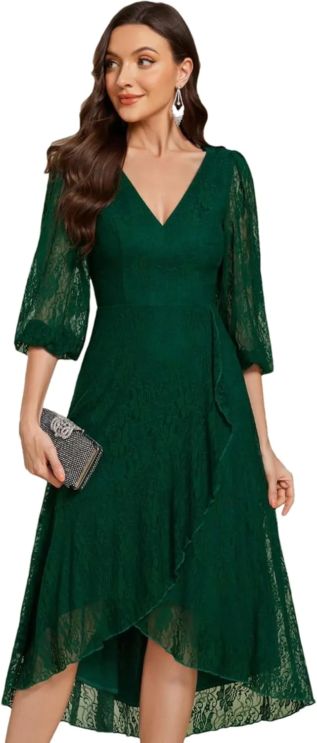 Ever-Pretty Women's Elegant V Neck Lace Long Sleeves A Line Ruffles Hem Midi Length Wedding Guest Dress 02238