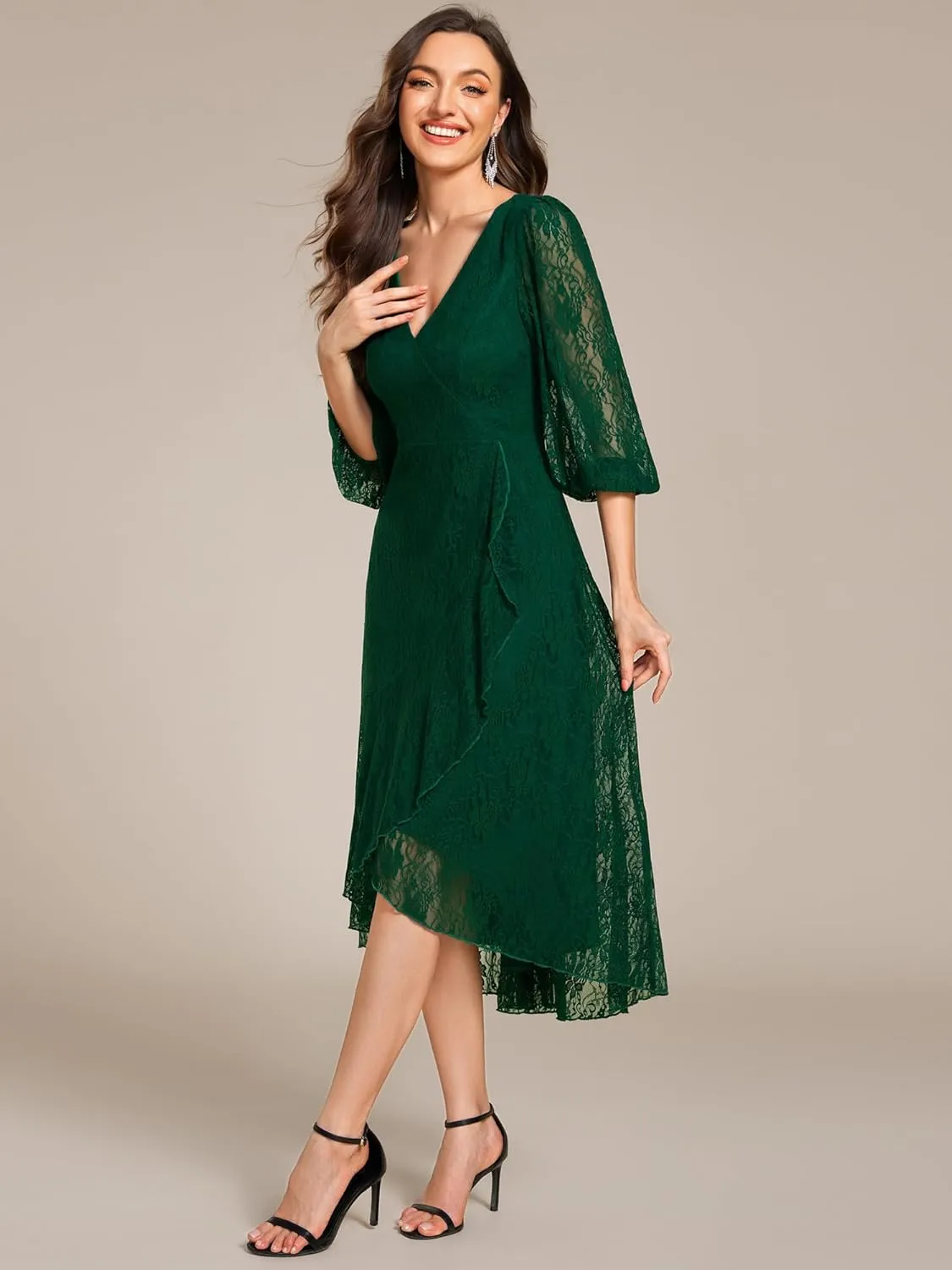 Ever-Pretty Women's Elegant V Neck Lace Long Sleeves A Line Ruffles Hem Midi Length Wedding Guest Dress 02238