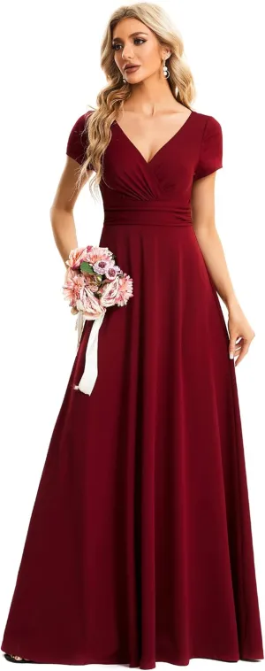Ever-Pretty Women's Formal Dress Ruched Waist V Neck A Line Bridesmiad Dress with Sleeves 01730