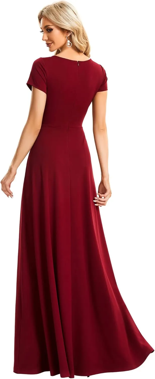 Ever-Pretty Women's Formal Dress Ruched Waist V Neck A Line Bridesmiad Dress with Sleeves 01730