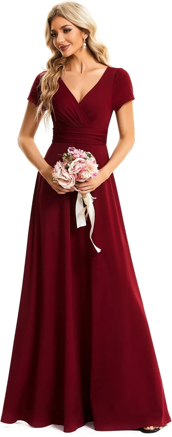 Ever-Pretty Women's Formal Dress Ruched Waist V Neck A Line Bridesmiad Dress with Sleeves 01730