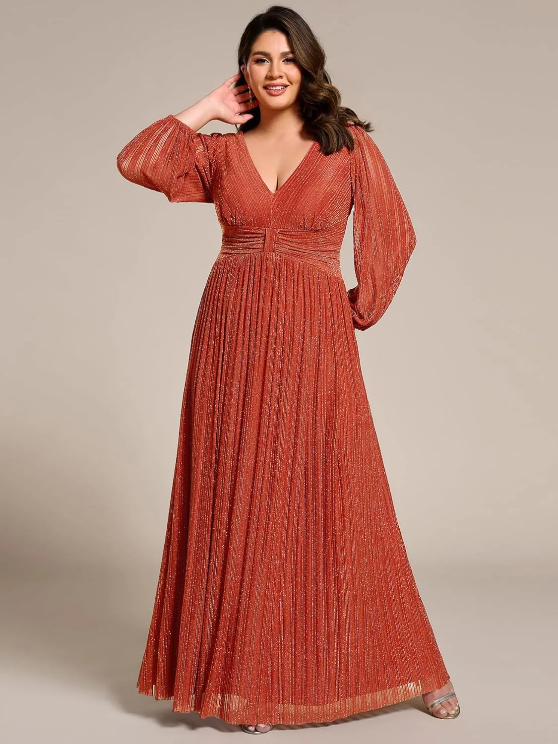 Ever-Pretty Women's Glitter Long Sleeves V Neck Pleated Empire Waist Floor Length Plus Size Ball Gown Formal Dresses 01961-DA
