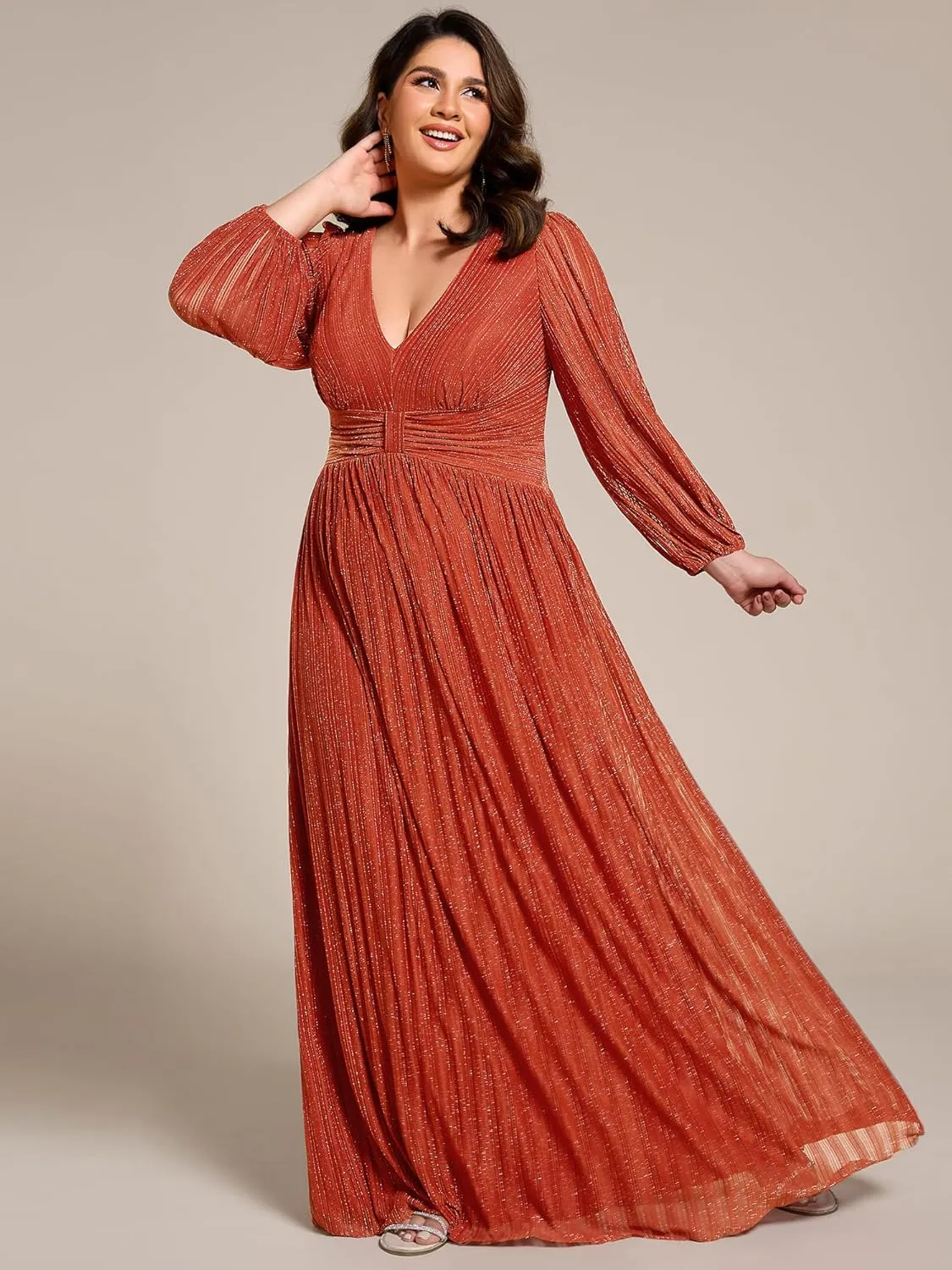 Ever-Pretty Women's Glitter Long Sleeves V Neck Pleated Empire Waist Floor Length Plus Size Ball Gown Formal Dresses 01961-DA