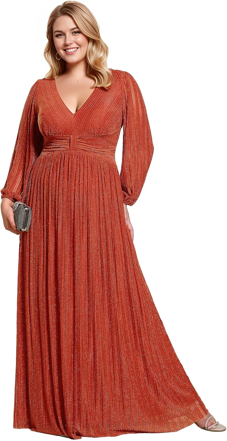 Ever-Pretty Women's Glitter Long Sleeves V Neck Pleated Empire Waist Floor Length Plus Size Ball Gown Formal Dresses 01961-DA
