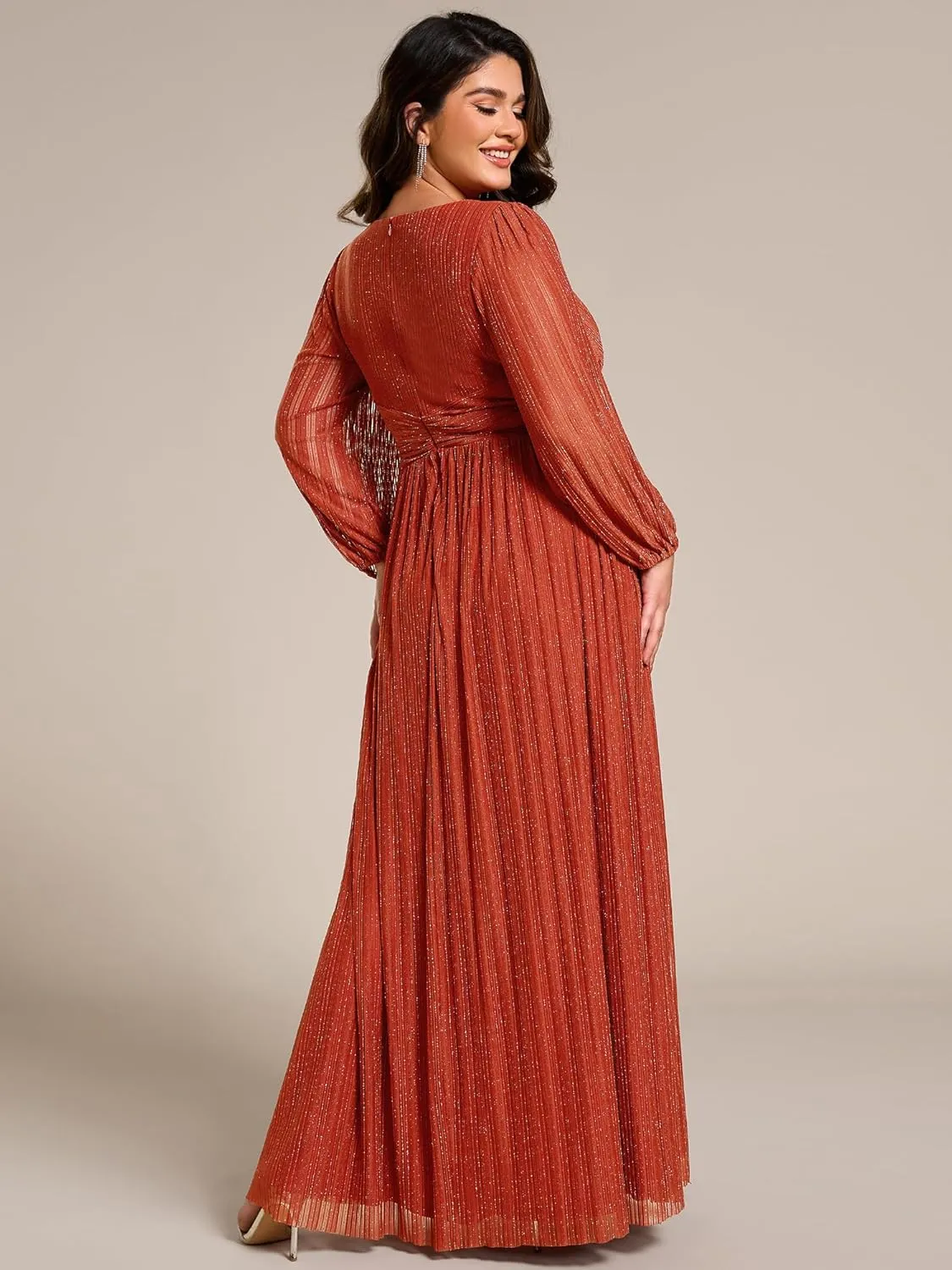 Ever-Pretty Women's Glitter Long Sleeves V Neck Pleated Empire Waist Floor Length Plus Size Ball Gown Formal Dresses 01961-DA