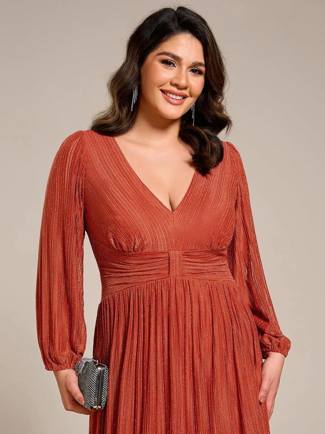Ever-Pretty Women's Glitter Long Sleeves V Neck Pleated Empire Waist Floor Length Plus Size Ball Gown Formal Dresses 01961-DA