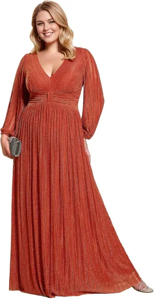 Ever-Pretty Women's Glitter Long Sleeves V Neck Pleated Empire Waist Floor Length Plus Size Ball Gown Formal Dresses 01961-DA