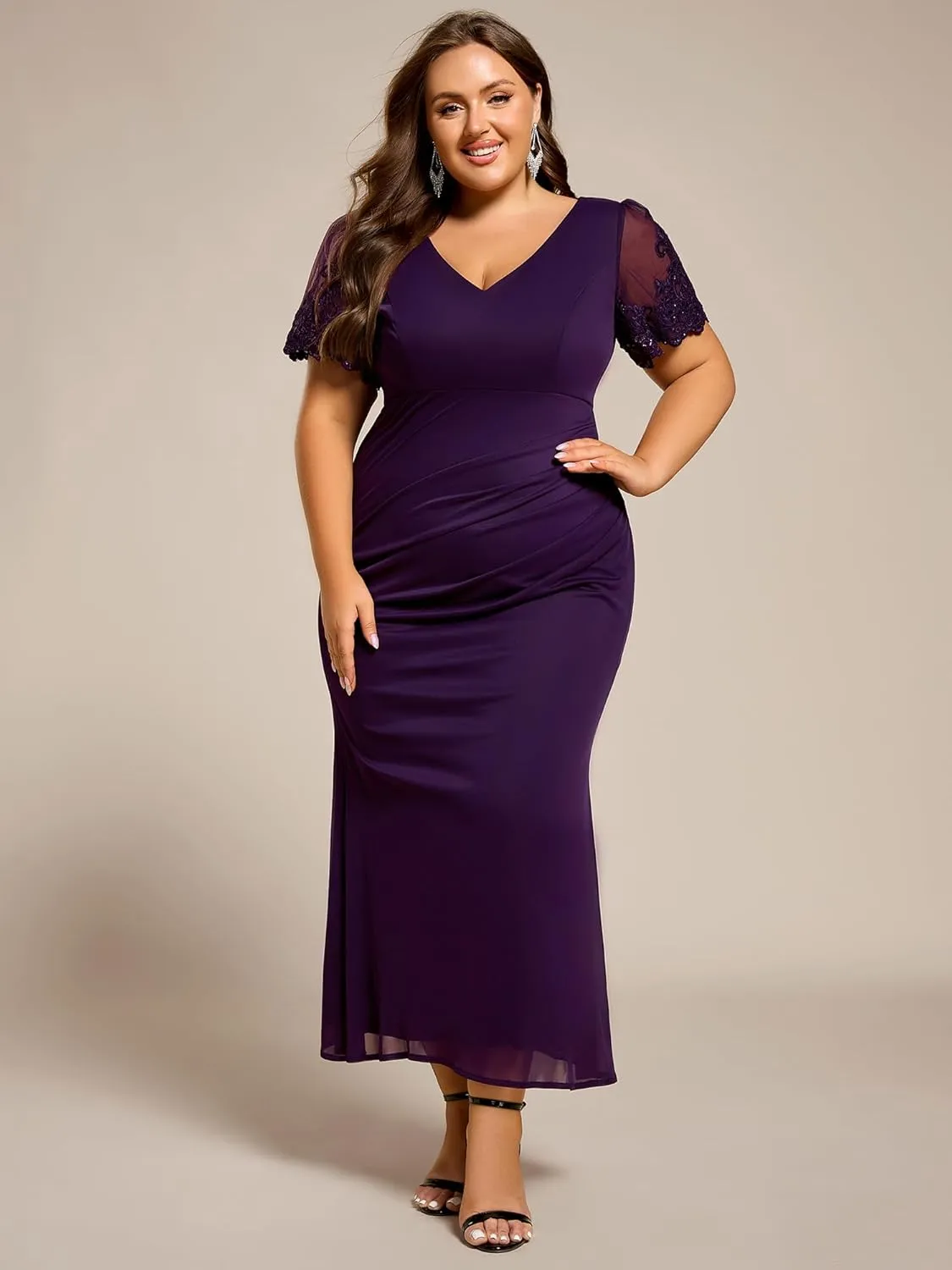 Ever-Pretty Women's High Stretch V Neck Short Sleeves Chiffon Bodycon Maxi Plus Size Mother of The Bride Dresses