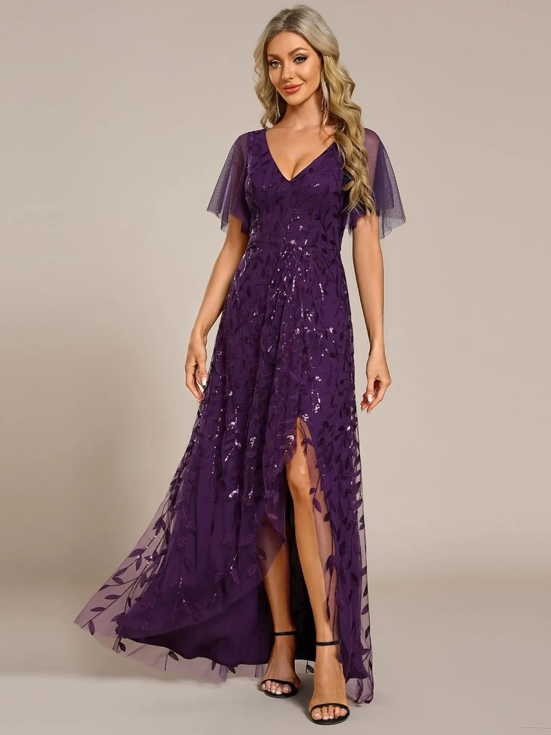 Ever-Pretty Women's Shimmery Formal Dress V Neck Sequins A-Line Side Slit Elegant Long Evening Dresses 02083