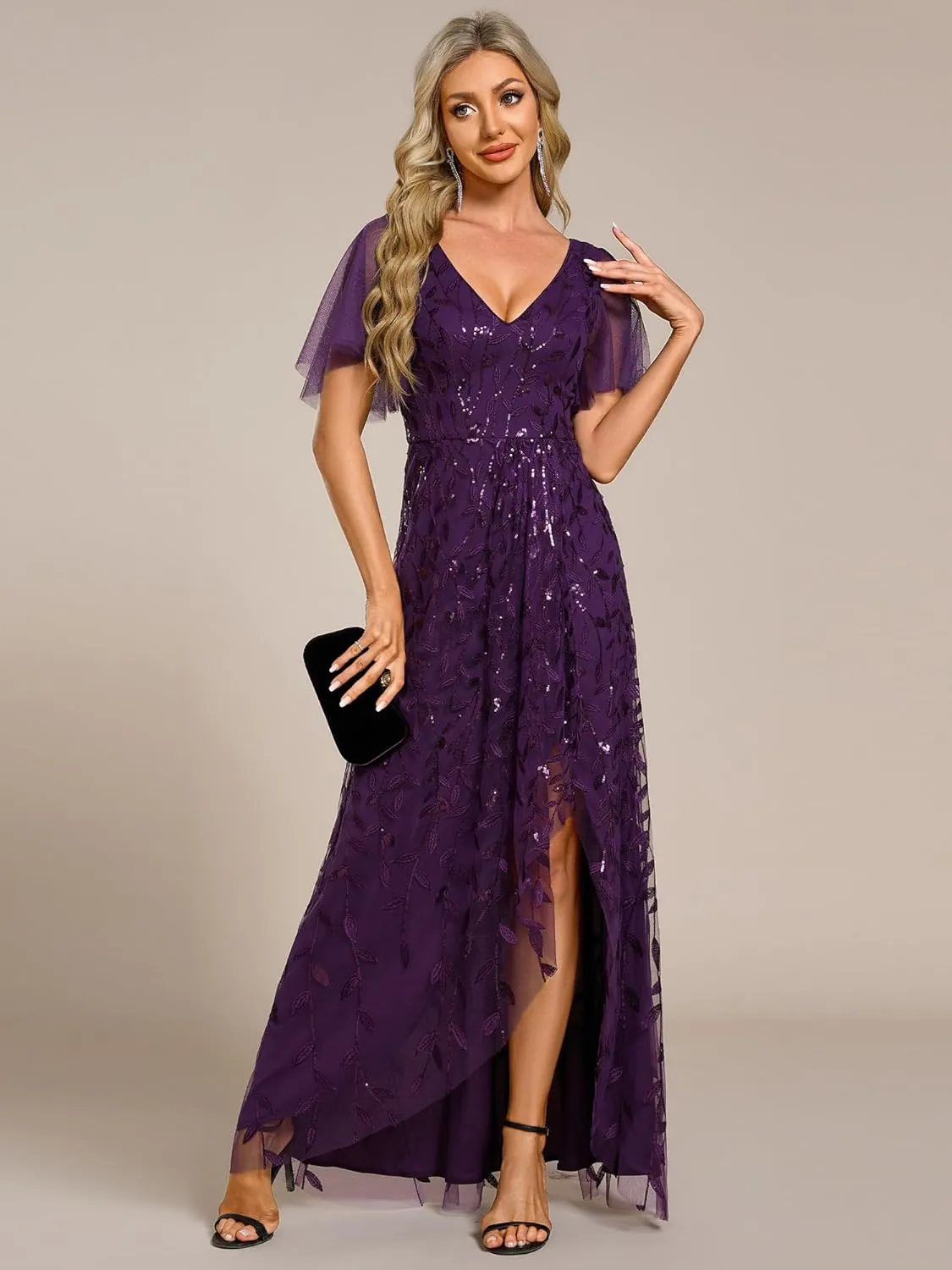 Ever-Pretty Women's Shimmery Formal Dress V Neck Sequins A-Line Side Slit Elegant Long Evening Dresses 02083